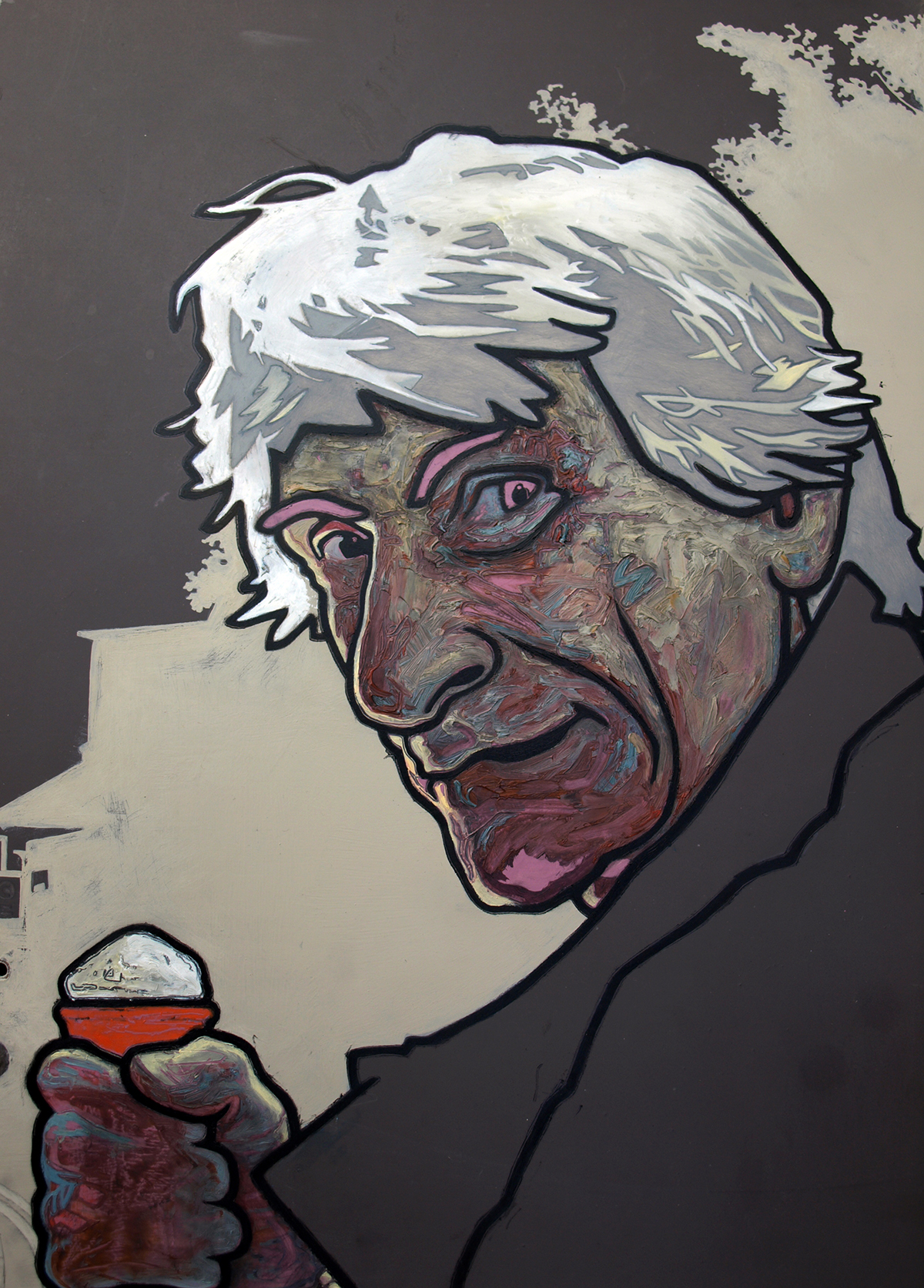 oil painting of Chris Webster on a Moris Minor boot. he is holding an icecream