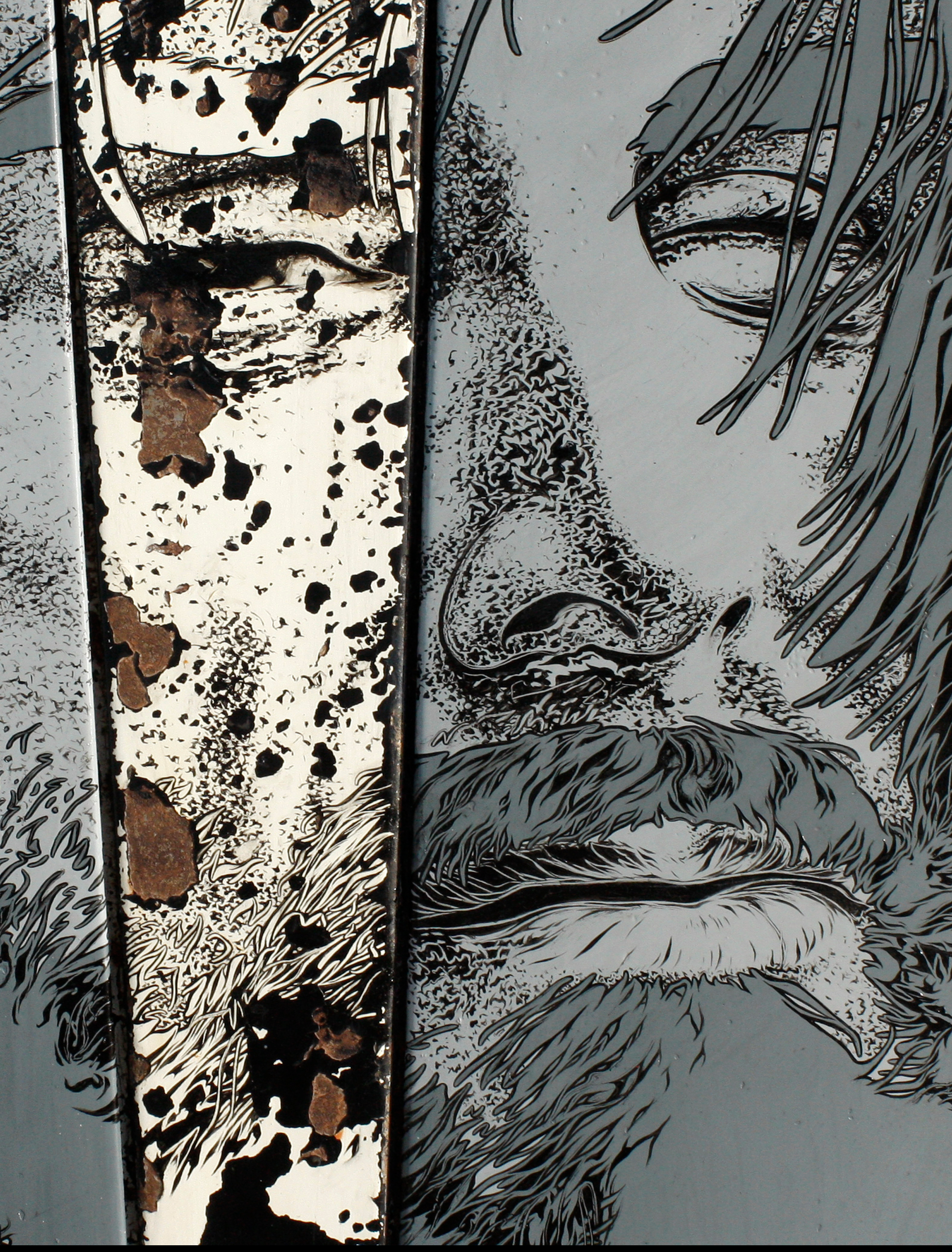 Self portrait by artist David Le Fleming on a 1949 Riley car bonnet