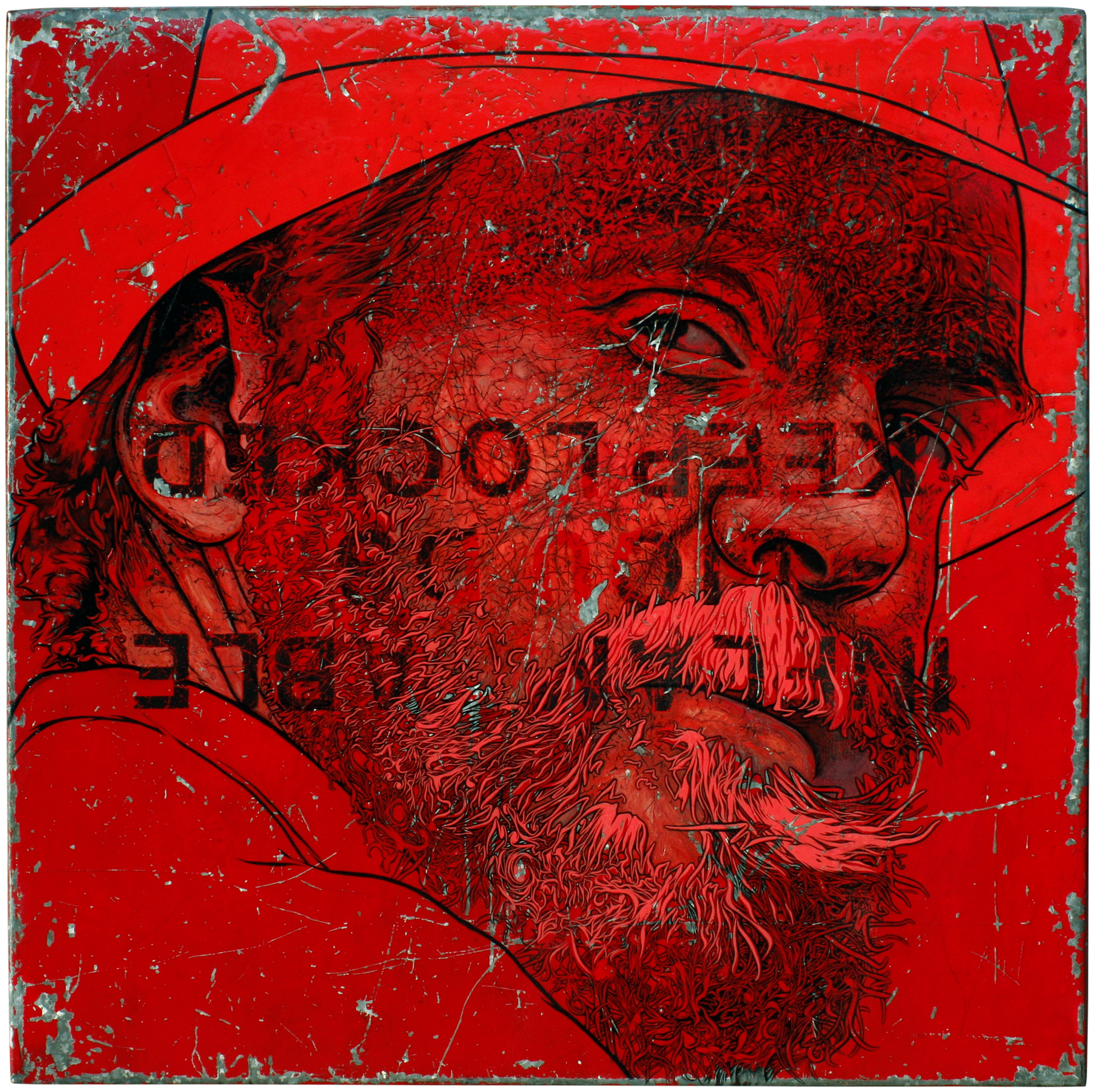 Inflammable Liquids – Keep Locked is painted on the lid of a fire proof metal box, by kiwi artist David Le Fleming