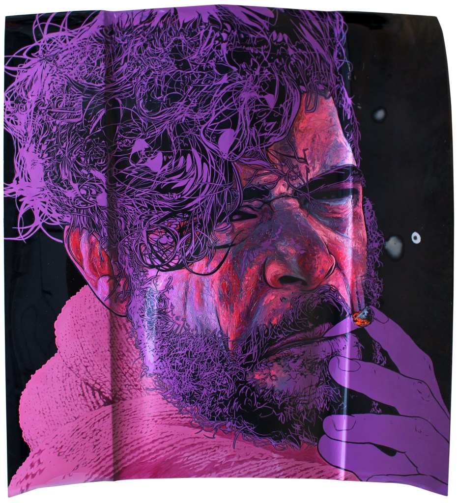 1970s Ford Capri - Painting by David Le Fleming - oil and enamel on car bonnet