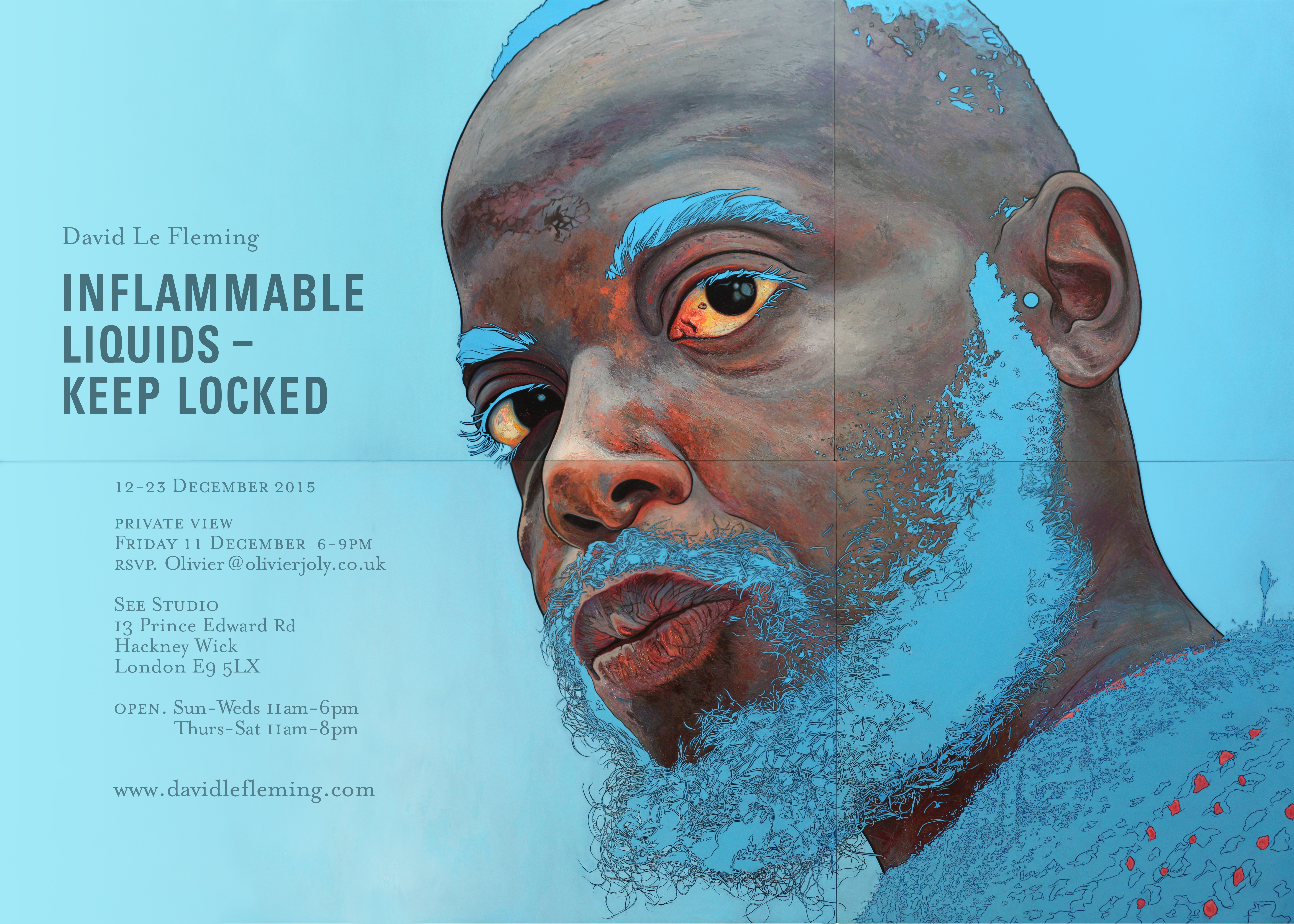 Invitation to David Le Flemings exhibition 'INFLAMMABLE LIQUIDS - KEEP LOCKED'