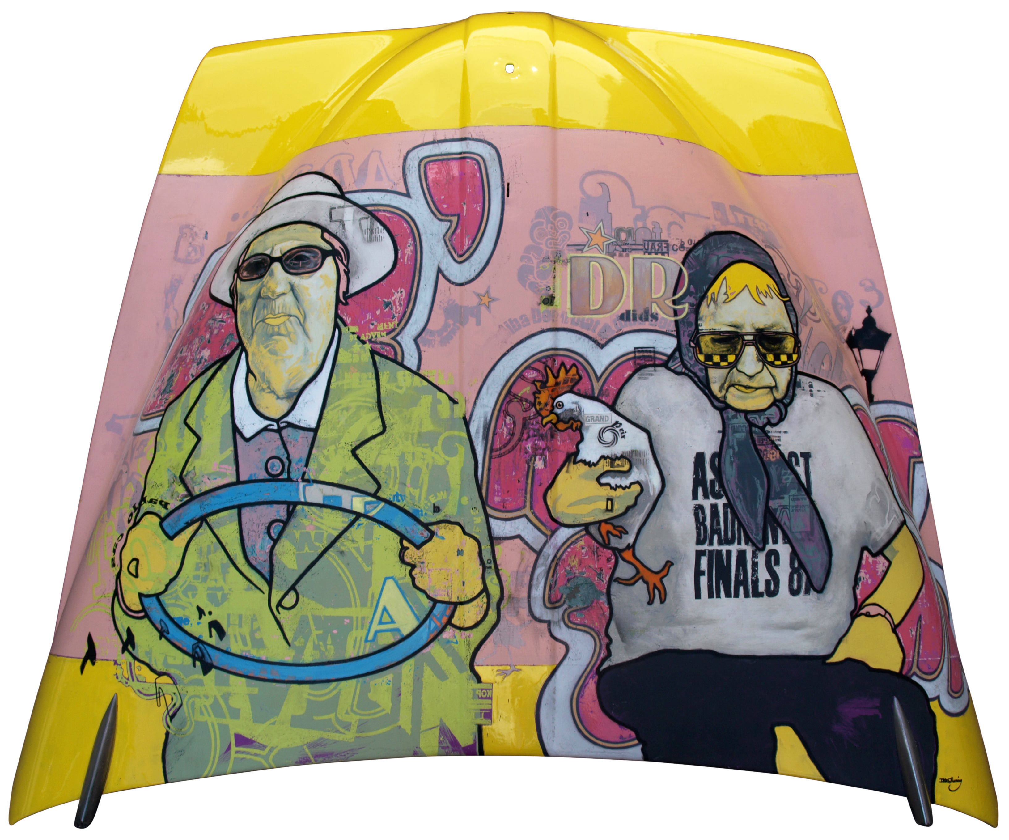 Shuttle Cock Grand Prix (2008) by New Zealand artist Dave Le Fleming. Morris Minor bonnet