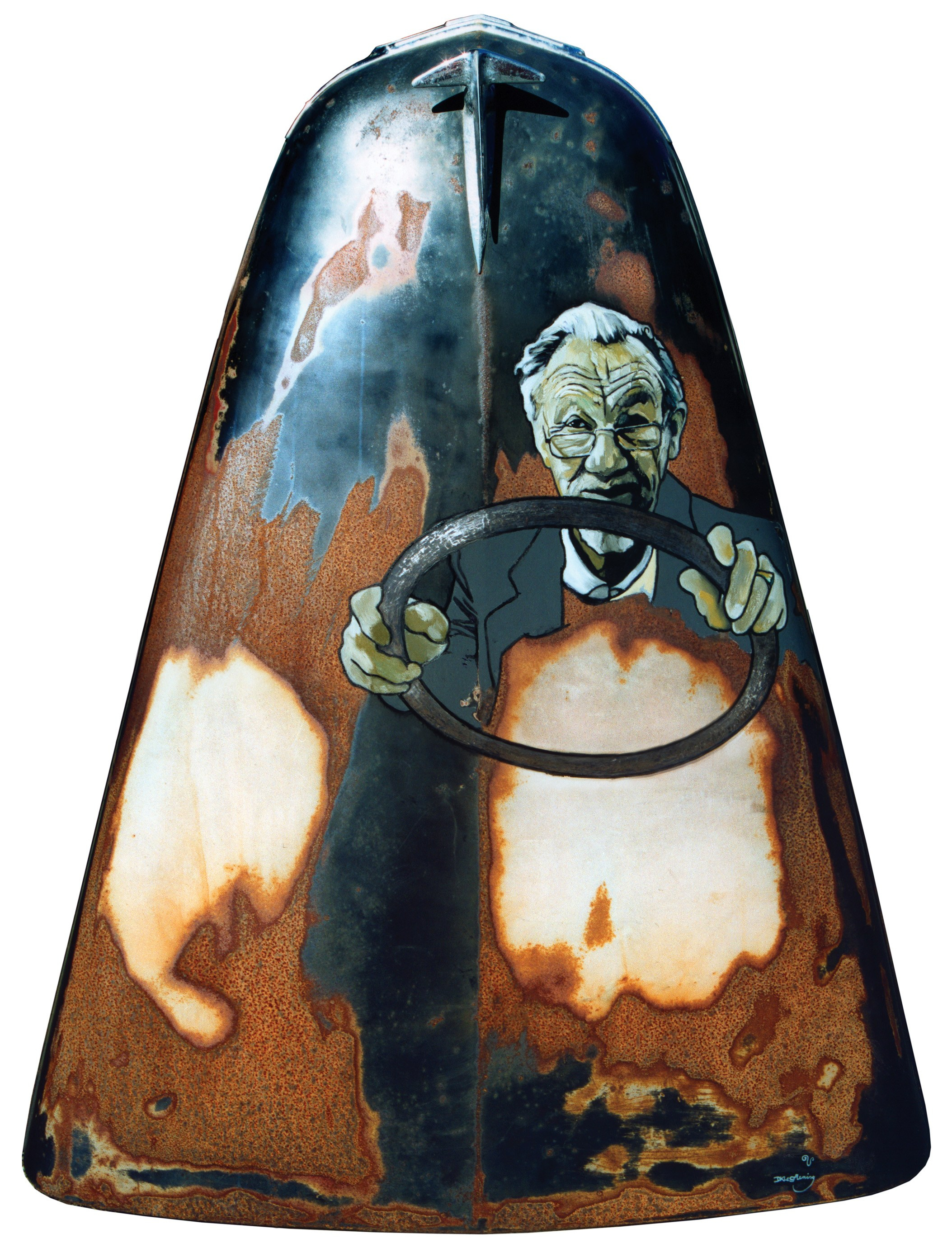 Biggles - oil and enamel on Ford Prefect car bonnet - artwork by New Zealand artist David Le Fleming