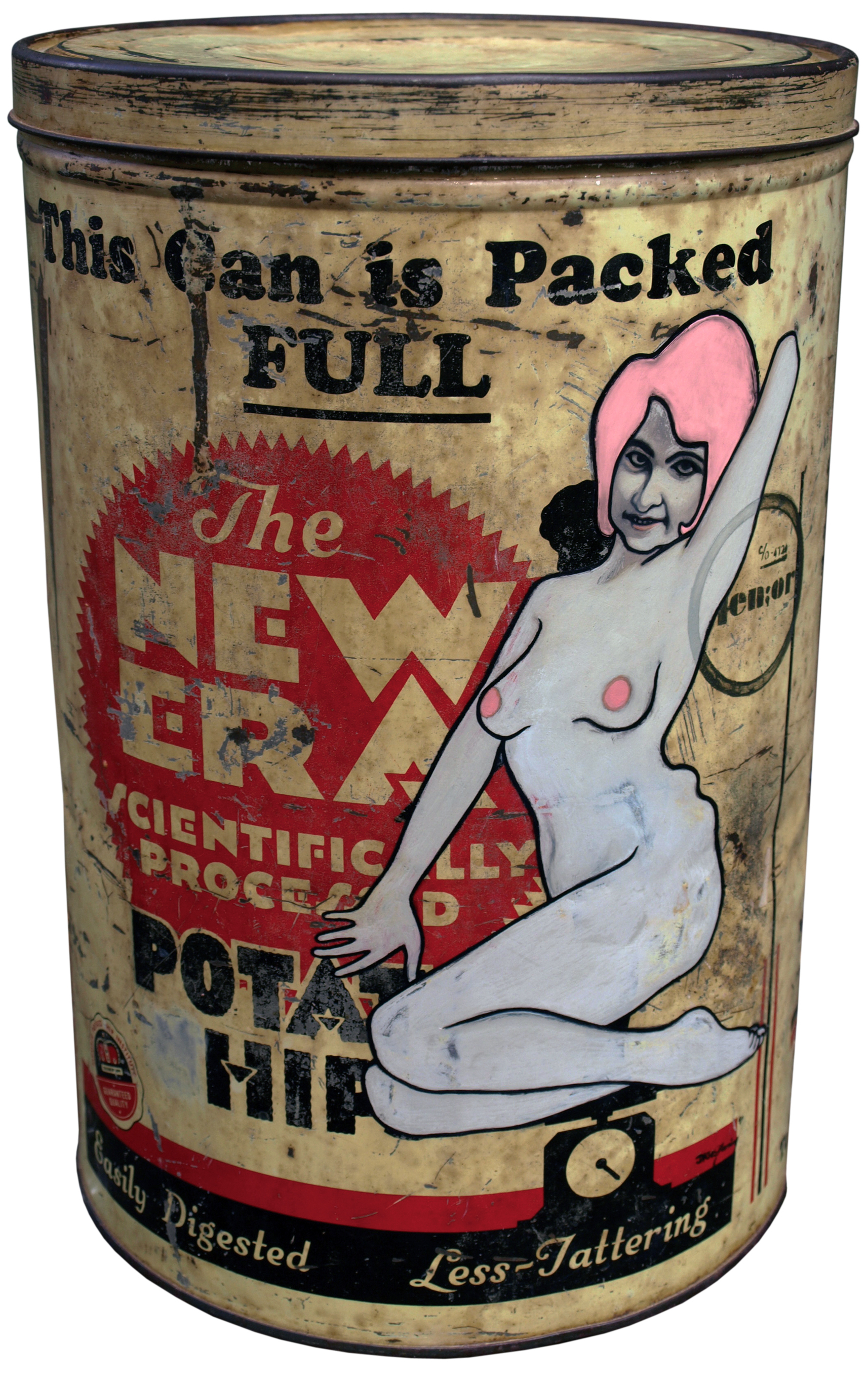 New Era Potato Hips (2008) oil and eggshell on tin can by New Zealand artist David Le Fleming