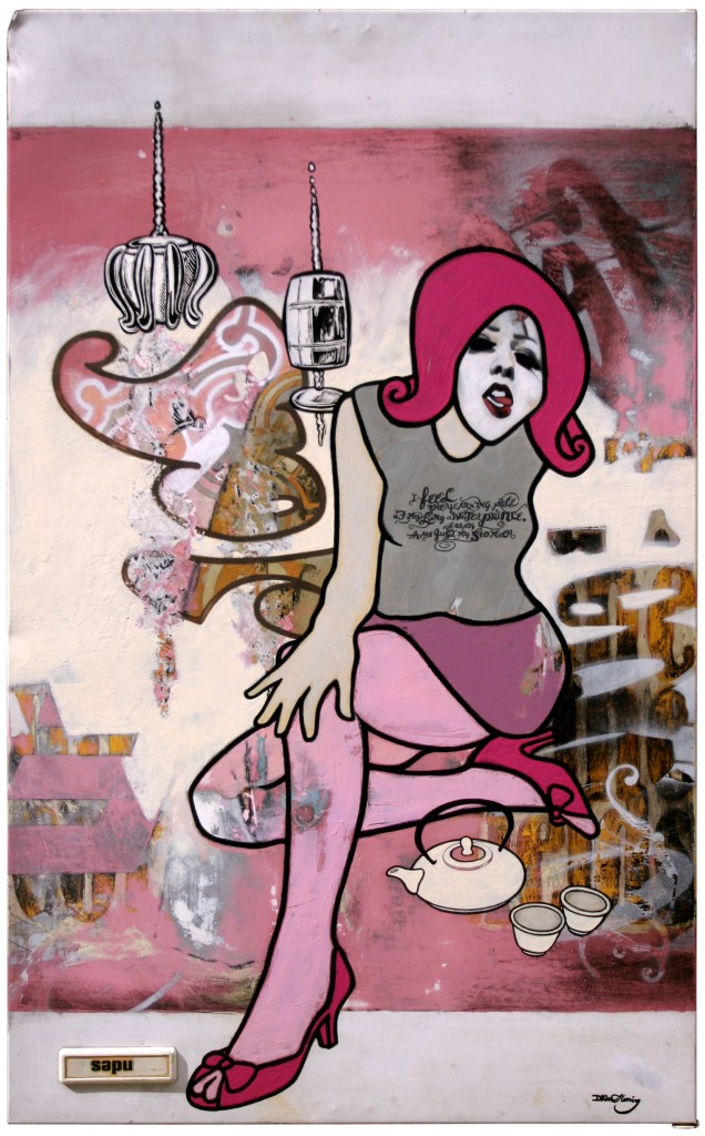 Sepu San (2008) oil and eggshell on fridge door by New Zealand painter David Le Fleming