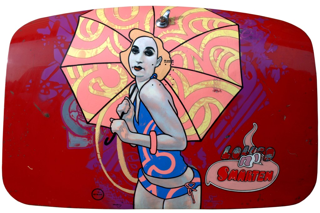 Lolled n' Smarten (2008) oil and eggshell on car boot oil painting on MG boot by David Le Fleming