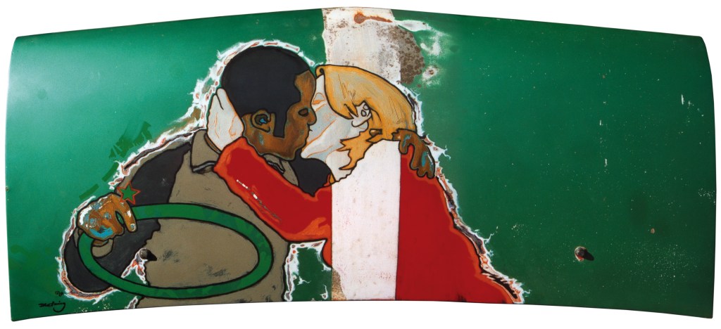 Courting the Spanda Flam (2003) oil painting on Bedford van bonnet by David Le Fleming