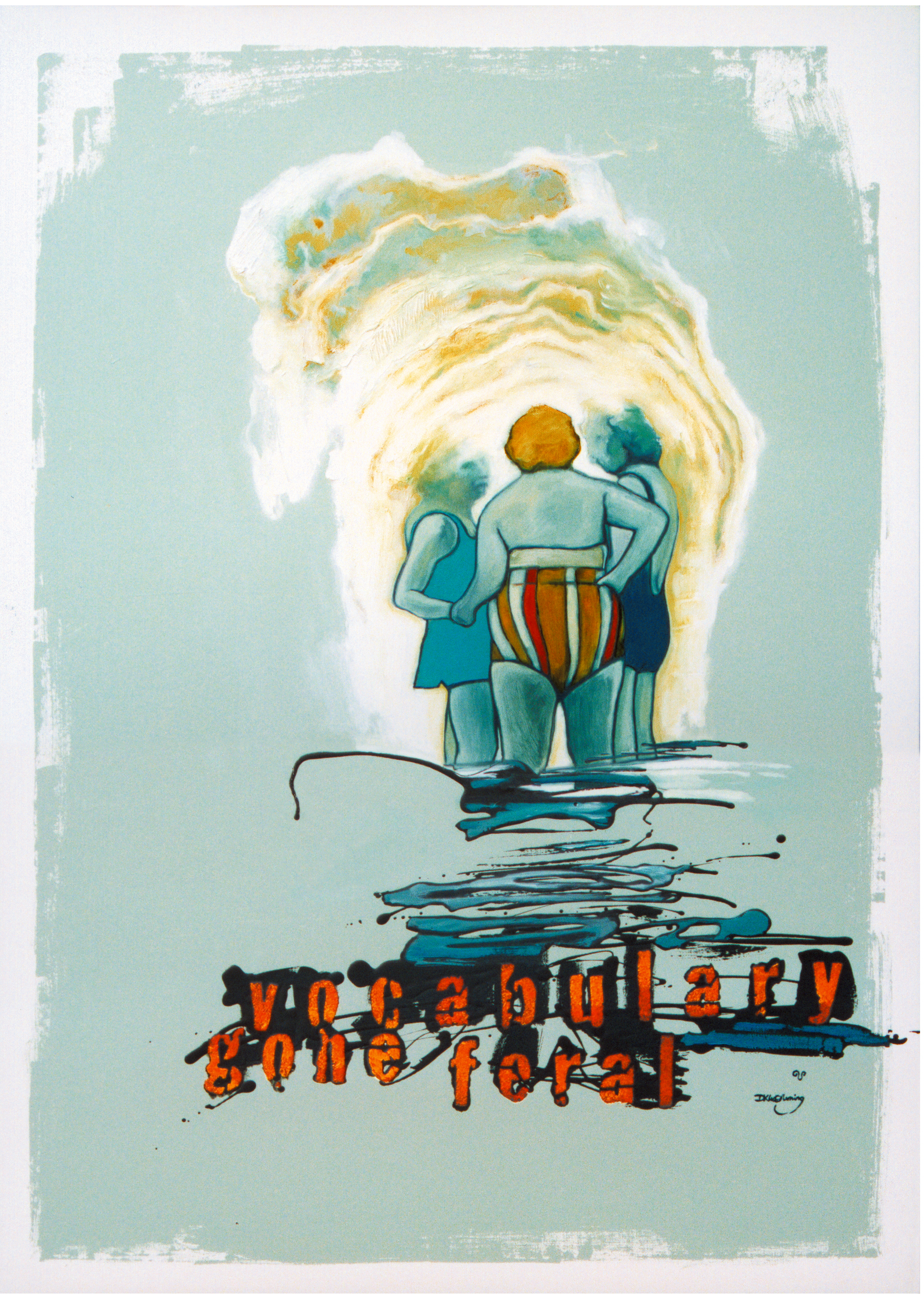 Oil painting of three woman standing in water having a conversation. Central woman has striped swimsuit.