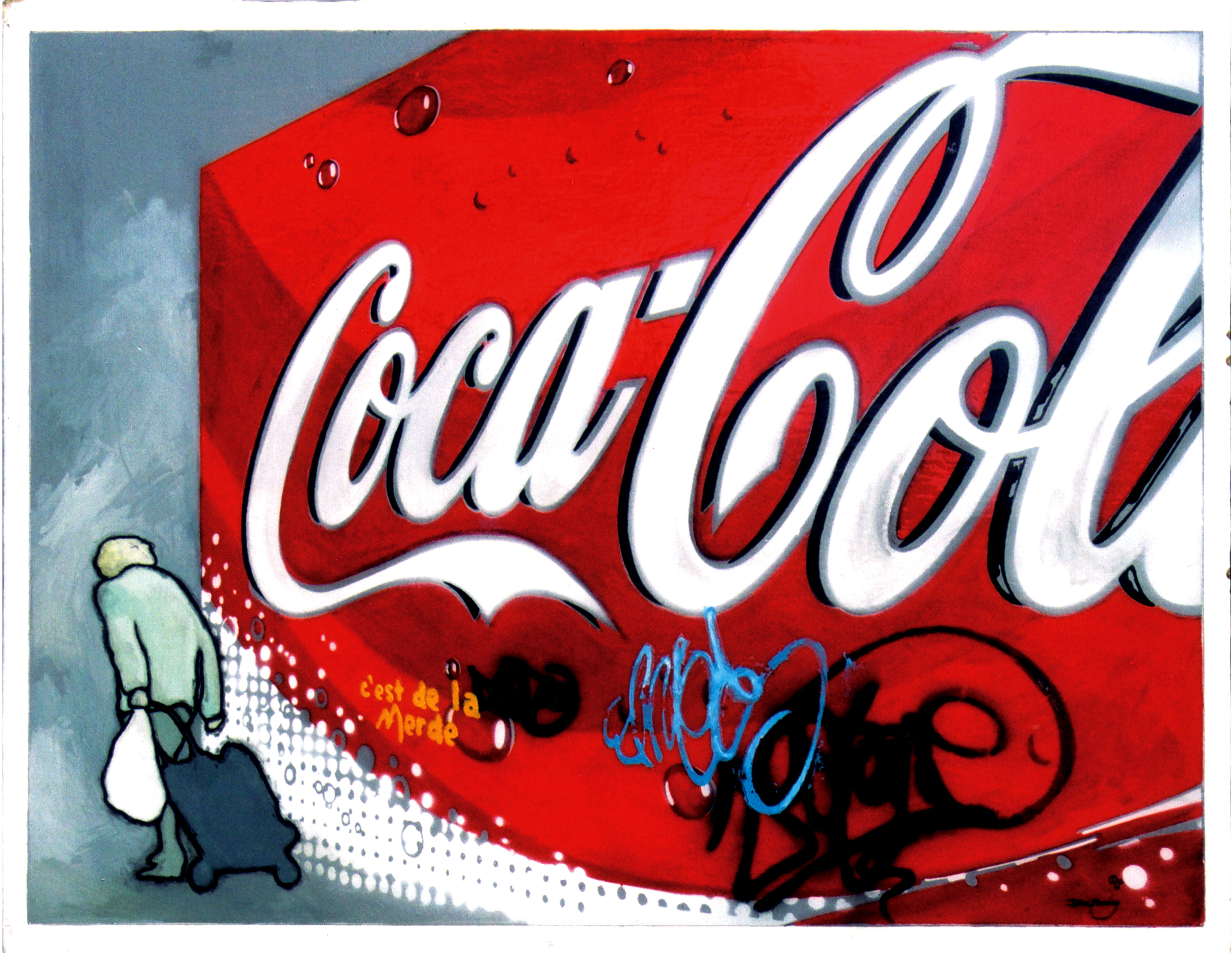 Painting of a Coca-cola billboard, with an elderly lady passing infront