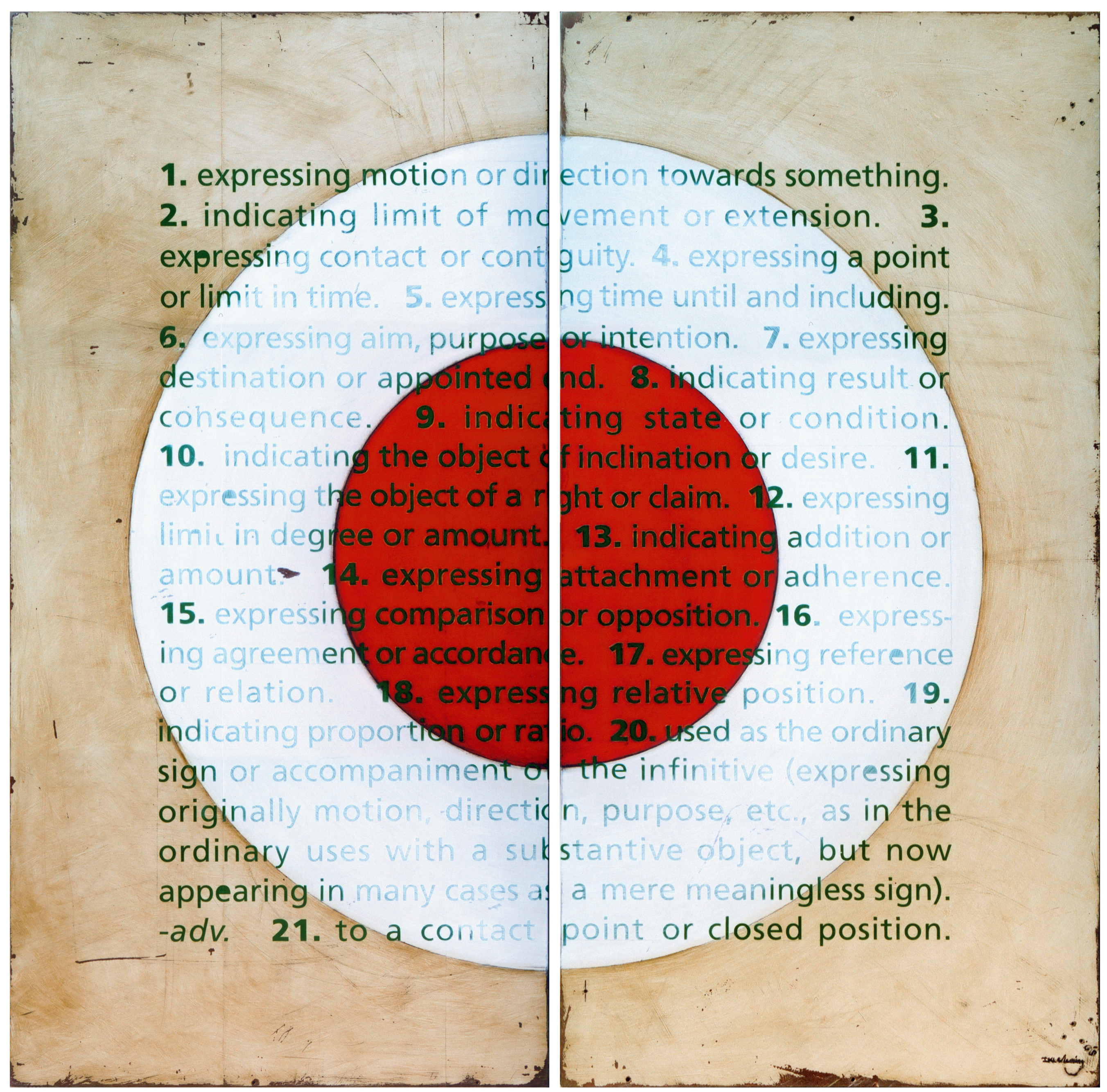 Dictionary definition of the word 'to' painted in a square grid over a red a white circle