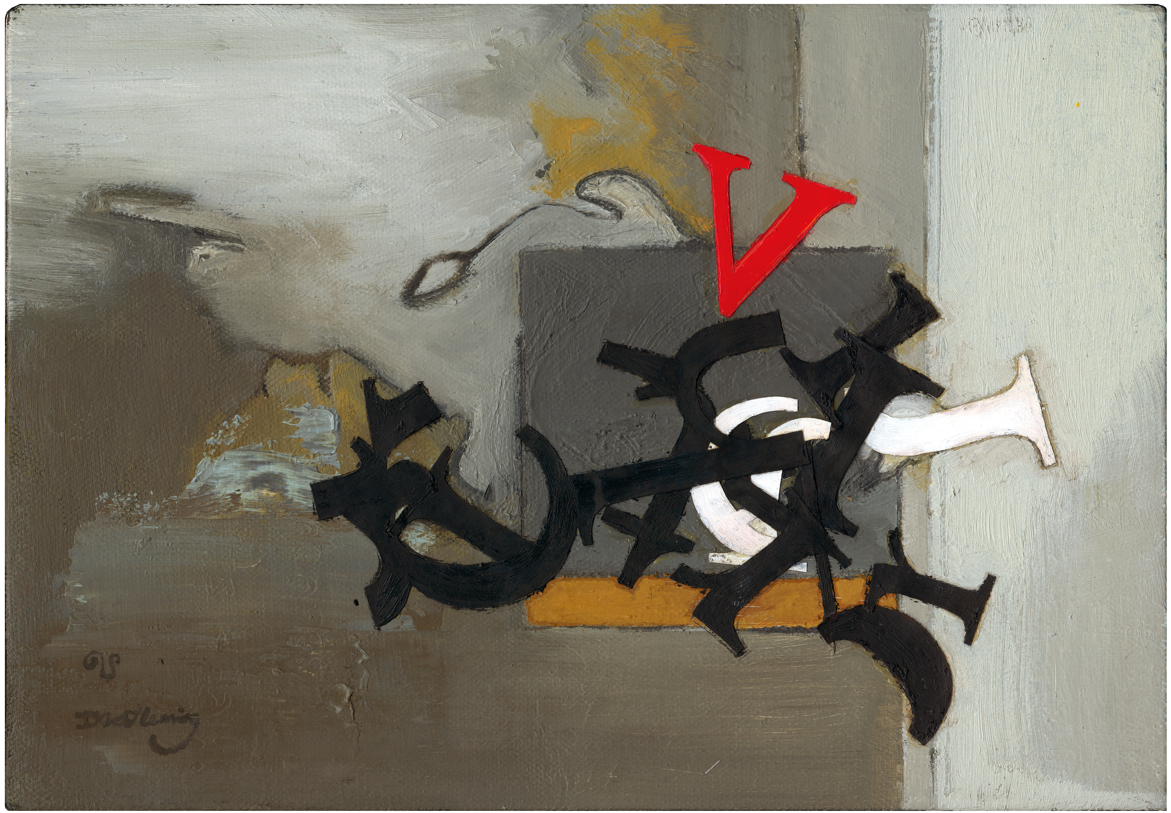 Oil painting by David Le Fleming, featuring a typographical arrangement on an organic looking background