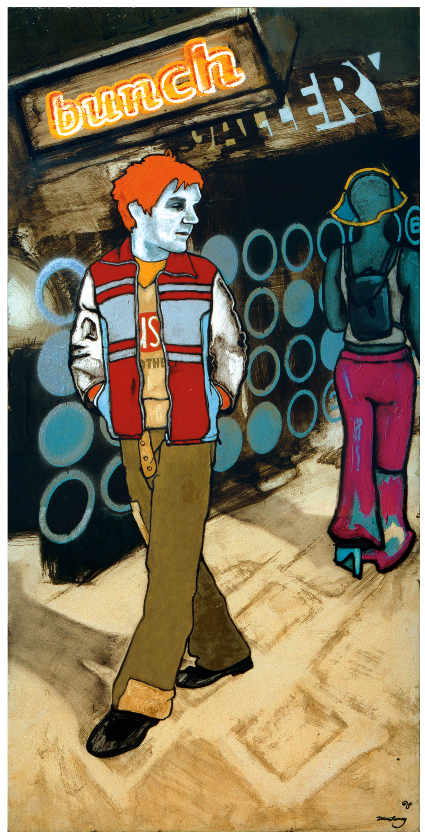 Painting of abstracted people passing in the street