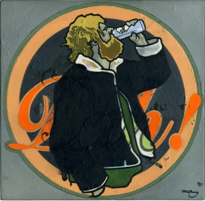 painting of a bearded chap drinking a beer, wearing a wool lined leather jacket