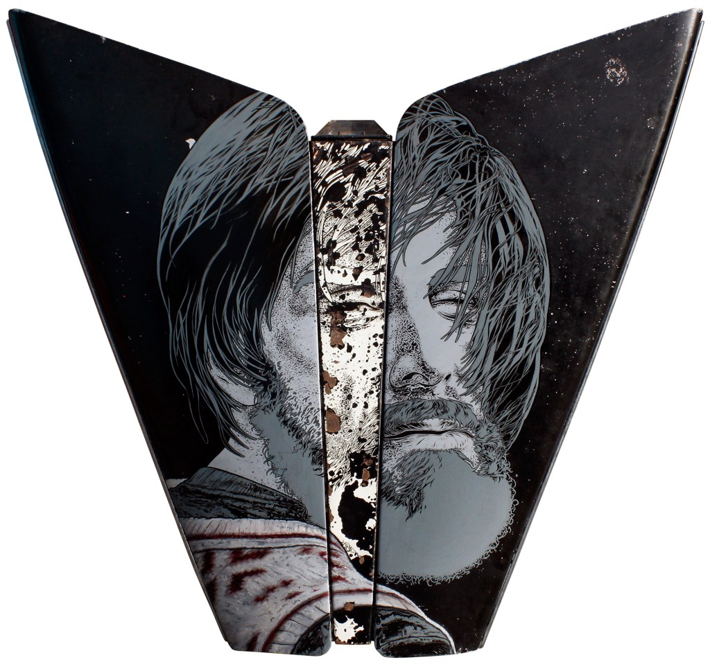 Self portrait by artist David Le Fleming on a 1949 Riley car bonnet