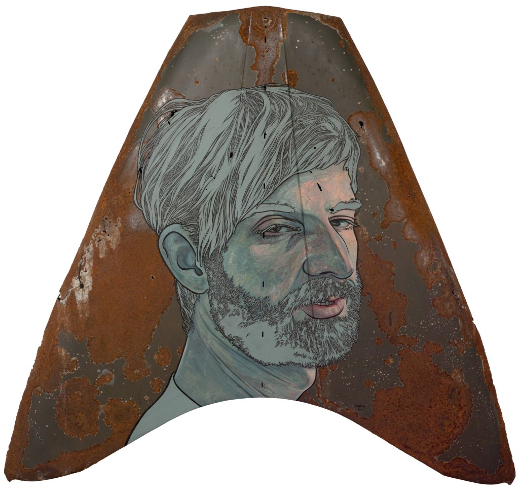 oil painting by David Le Fleming on a 1950s Wolseley car bonnet