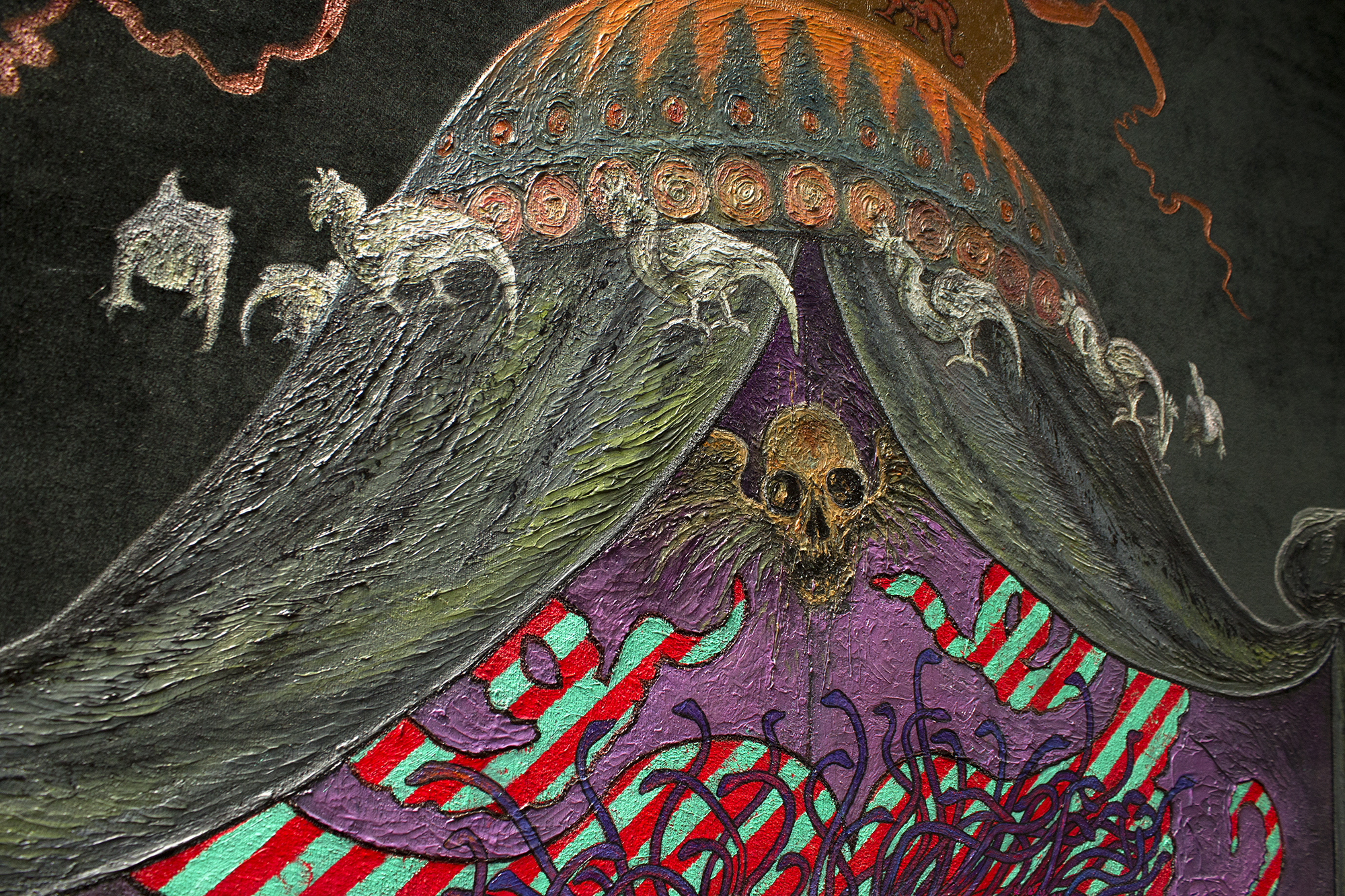 detail of 'The Purple Lodge' by David Le Fleming chicken dragon