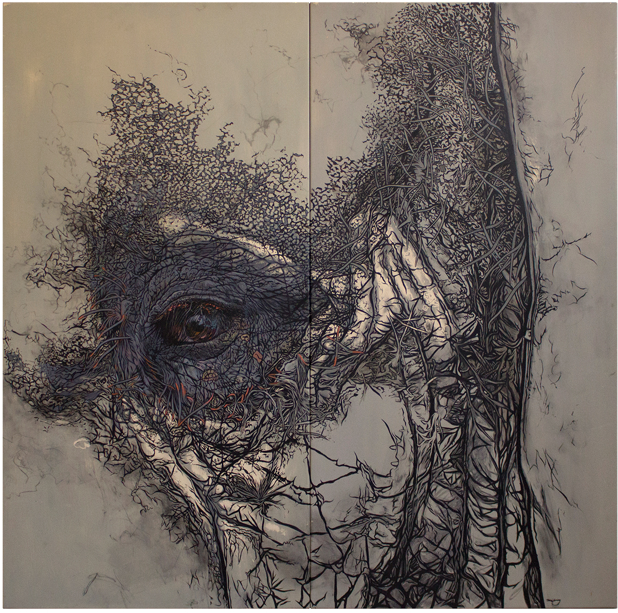 Supernova Sam – Lord of Mass oil on metal panels (diptych) - oil painting by David Le Fleming