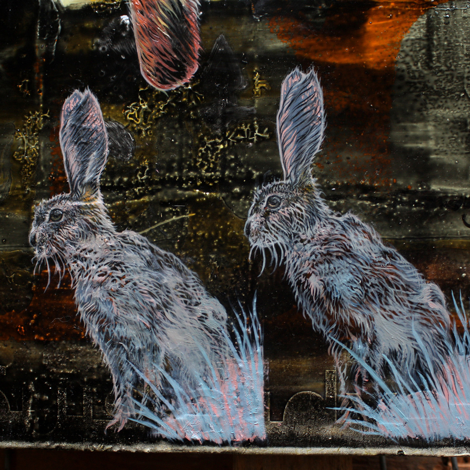 detail 'Three Step Perpendicular' - oil painting by David Le Fleming - two hares