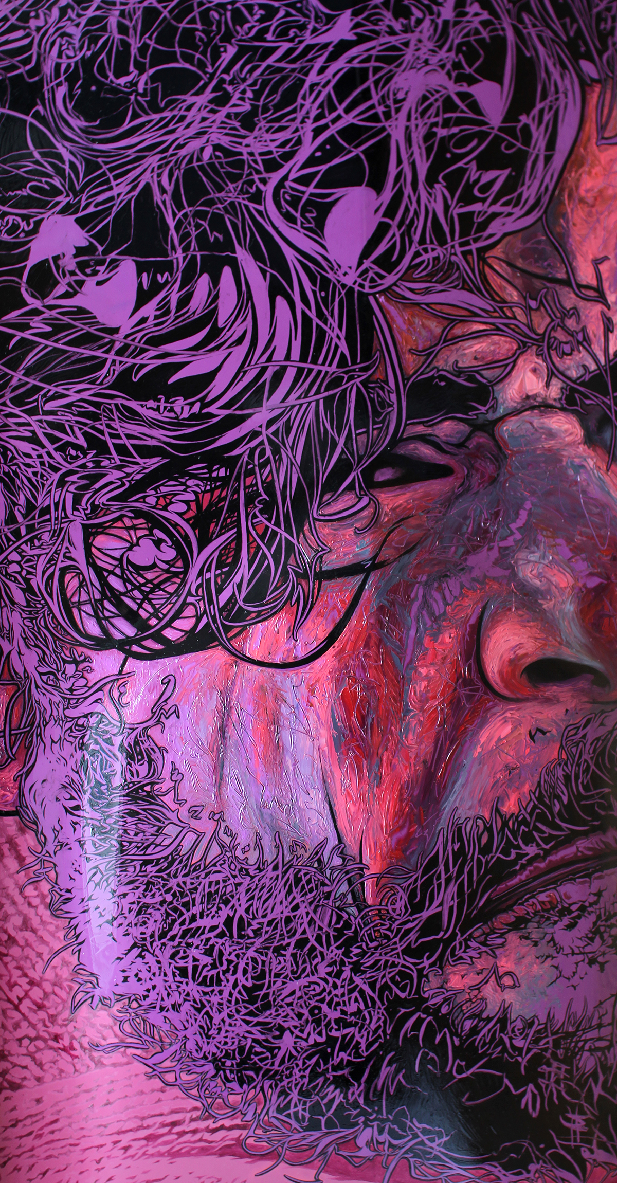 Manu likes to disco. 1970s Ford Capri - Painting by David Le Fleming - oil and enamel on car bonnet