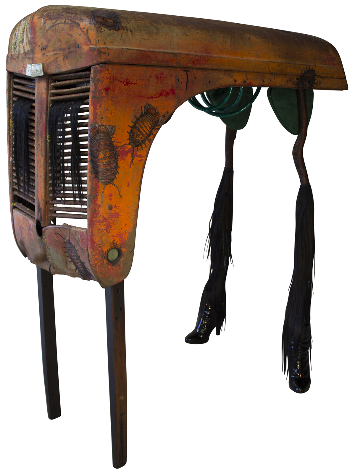 Witch's Hammer – God of Entropy oil on tractor bonnet (assemblage also includes faux hair, plasticine, garden hose and drift wood)