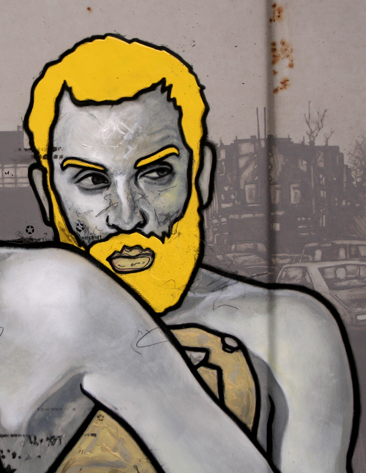 Painting by David Le Fleming - scene in the background is of Old Street roundabout, Shoreditch, London